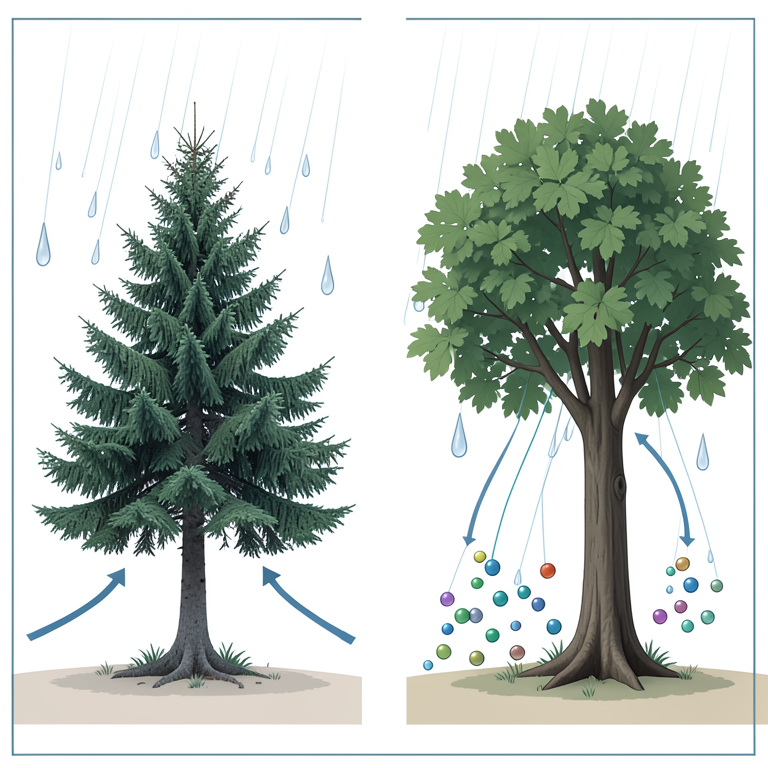 AI-generated conceptual illustration (Norway spruce and European beech trees in a forest). It explains the idea and does not show study data.