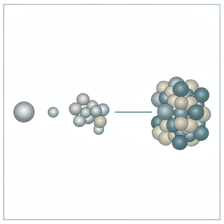 AI-generated conceptual illustration (palladium clusters of 1 to 6 atoms). It explains the idea and does not show study data.