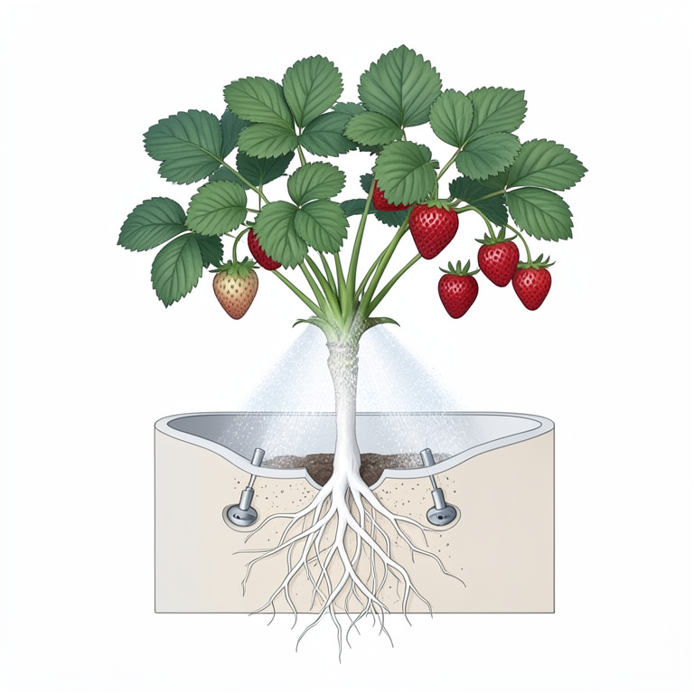 AI-generated conceptual illustration (strawberry plants in an aeroponic system). It explains the idea and does not show study data.