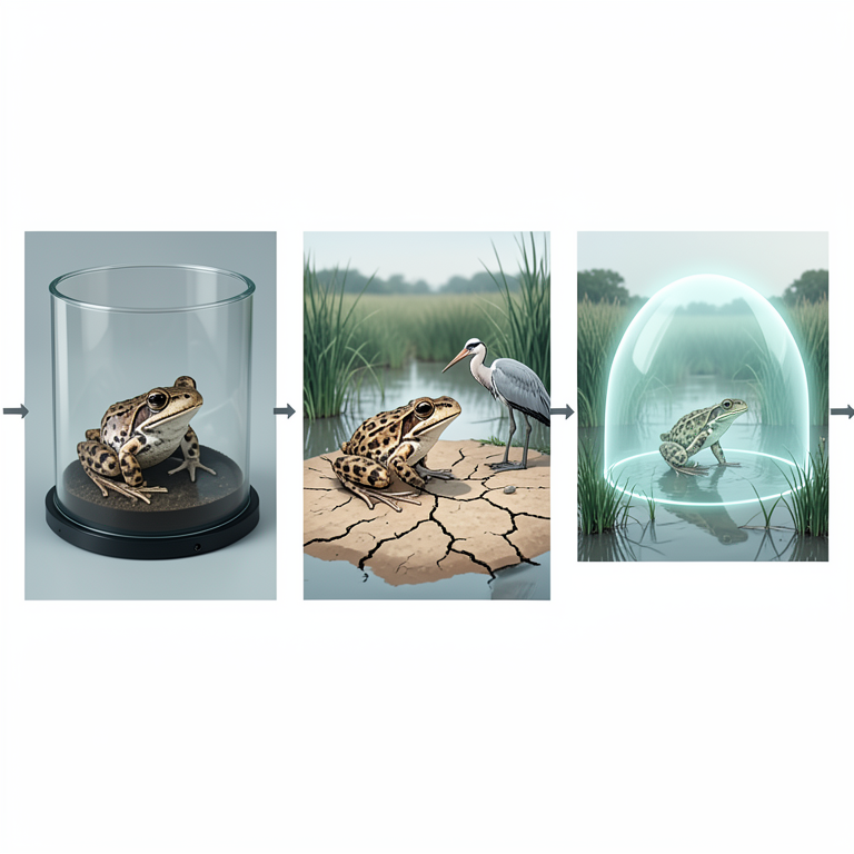 AI-generated conceptual illustration (captive-bred Northern leopard frogs in a restored wetland). It explains the idea and does not show study data.