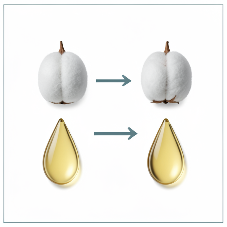 AI-generated conceptual illustration (cotton seeds and cotton seed oil). It explains the idea and does not show study data.