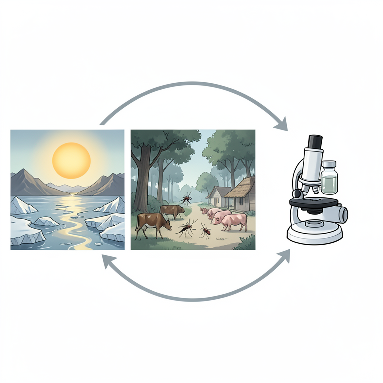AI-generated conceptual illustration (A landscape featuring a forest, a wetland, and a small village with livestock and wild animals). It explains the idea and does not show study data.