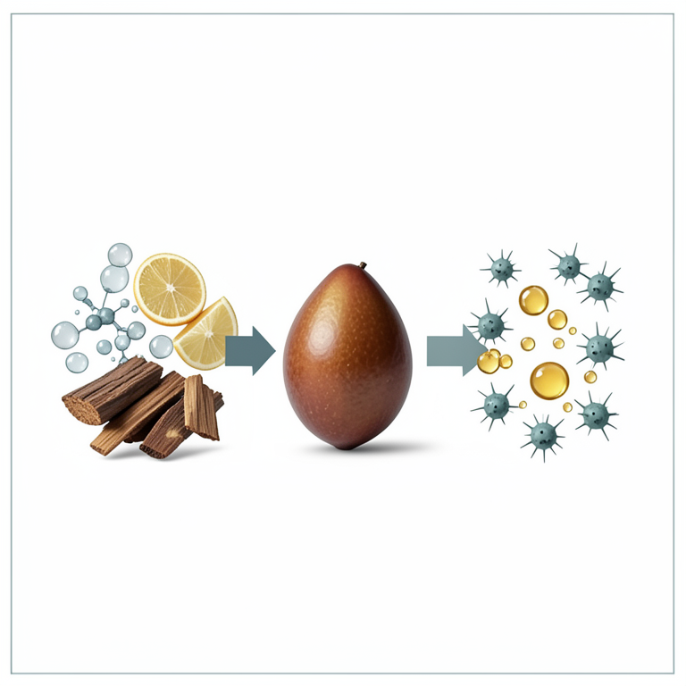 AI-generated conceptual illustration (Monodora myristica (African Nutmeg) seeds). It explains the idea and does not show study data.
