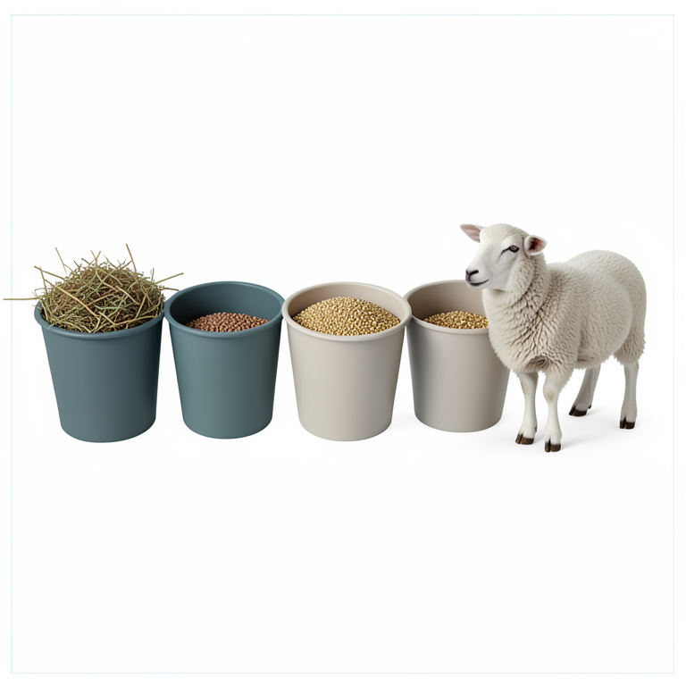 AI-generated conceptual illustration (Corriedale ewes and feed buckets containing Rhodes grass hay, maize bran, and shea nut meal). It explains the idea and does not show study data.