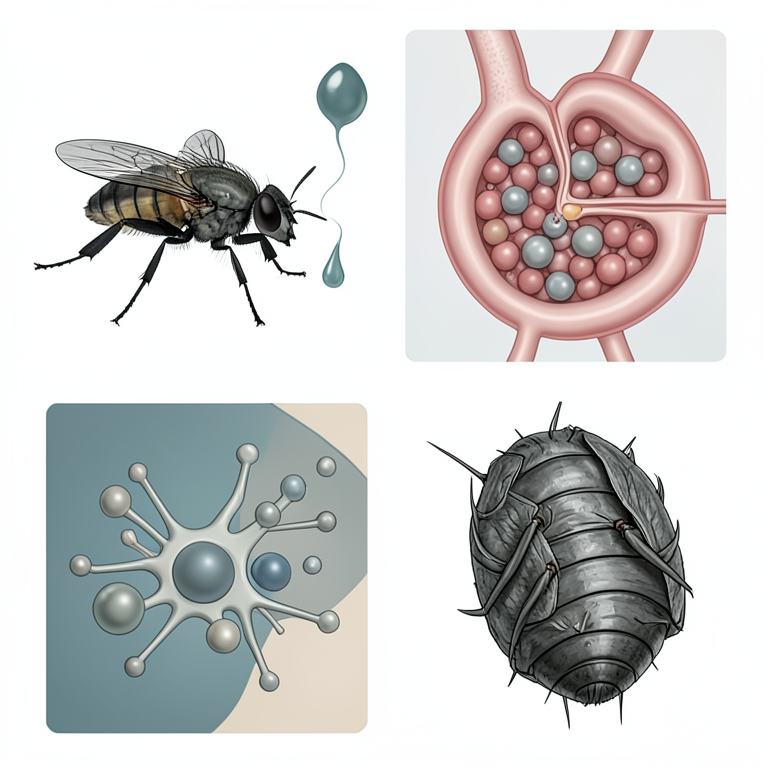 AI-generated conceptual illustration (houseflies (Musca domestica)). It explains the idea and does not show study data.