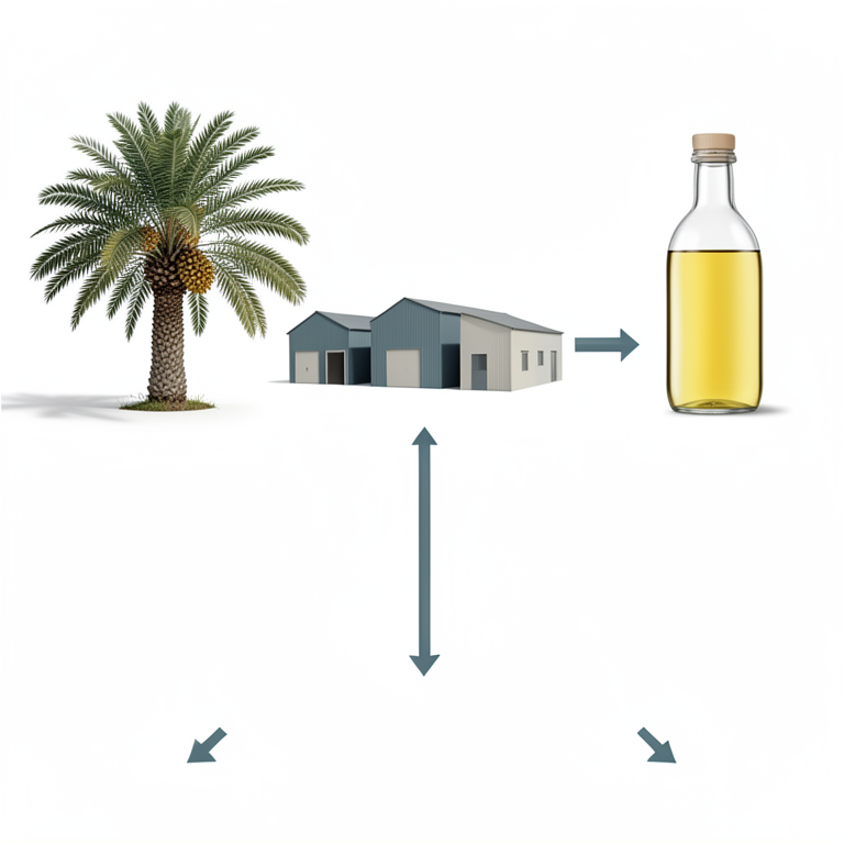 AI-generated conceptual illustration (oil palm fruit and refined palm oil). It explains the idea and does not show study data.
