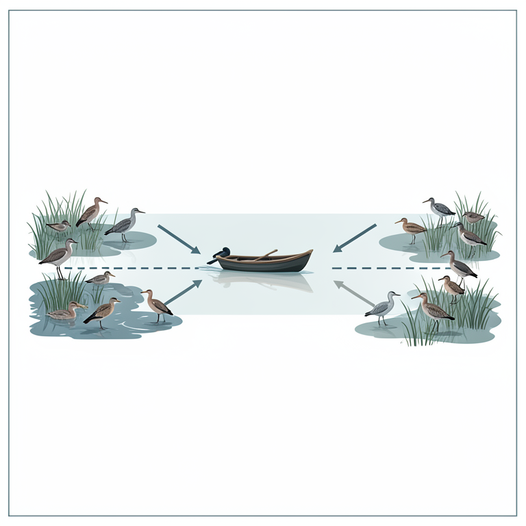 AI-generated conceptual illustration (waterbirds in a wetland with a small boat). It explains the idea and does not show study data.