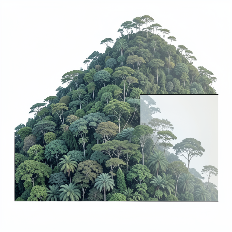 AI-generated conceptual illustration (Tropical woody plant species on a mountain slope). It explains the idea and does not show study data.