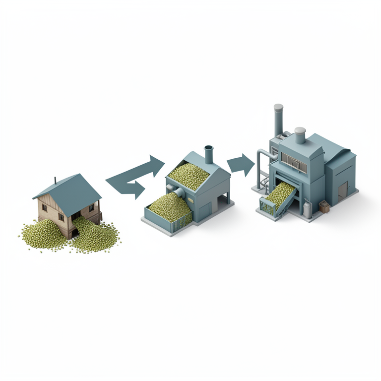 AI-generated conceptual illustration (green gram processing mills). It explains the idea and does not show study data.