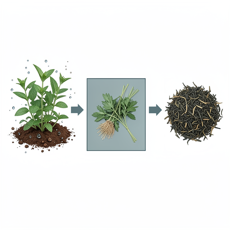 AI-generated conceptual illustration (Dried herbal tea leaves and various herbal plants in soil). It explains the idea and does not show study data.