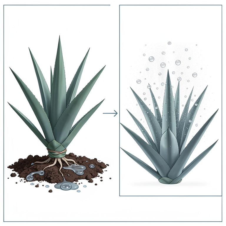 AI-generated conceptual illustration (Agave plants in a sandy delta soil). It explains the idea and does not show study data.