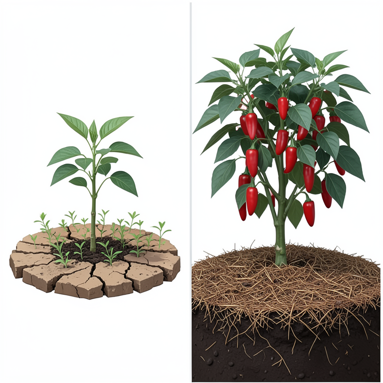 AI-generated conceptual illustration (chilli plants (Capsicum annuum L.) in soil). It explains the idea and does not show study data.
