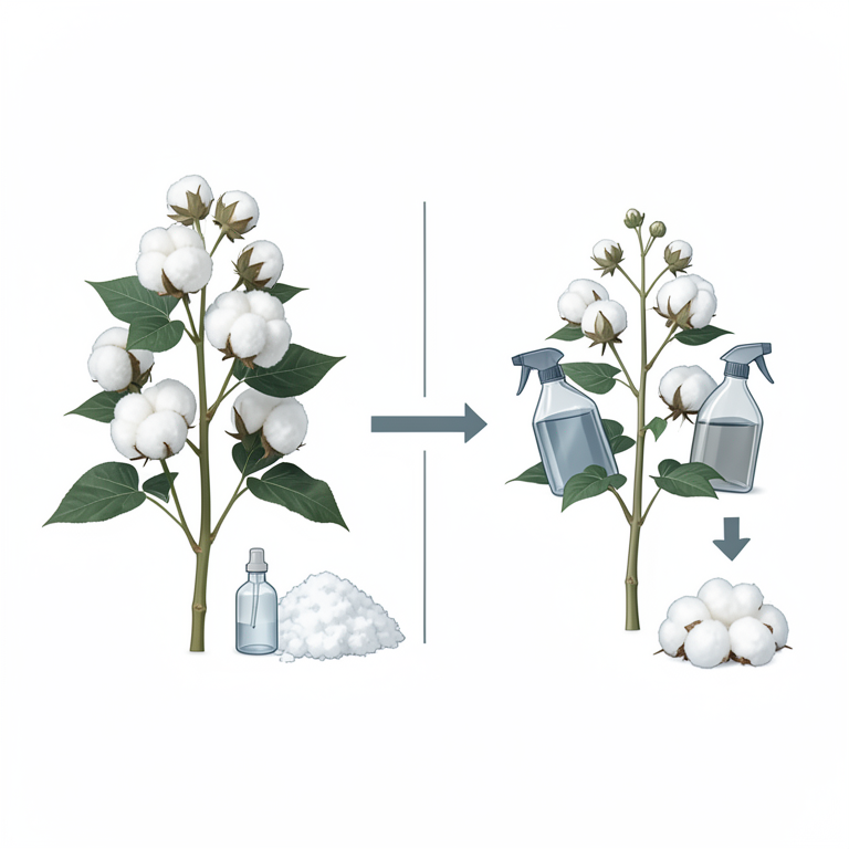 AI-generated conceptual illustration (cotton plants (Gossypium hirsutum)). It explains the idea and does not show study data.