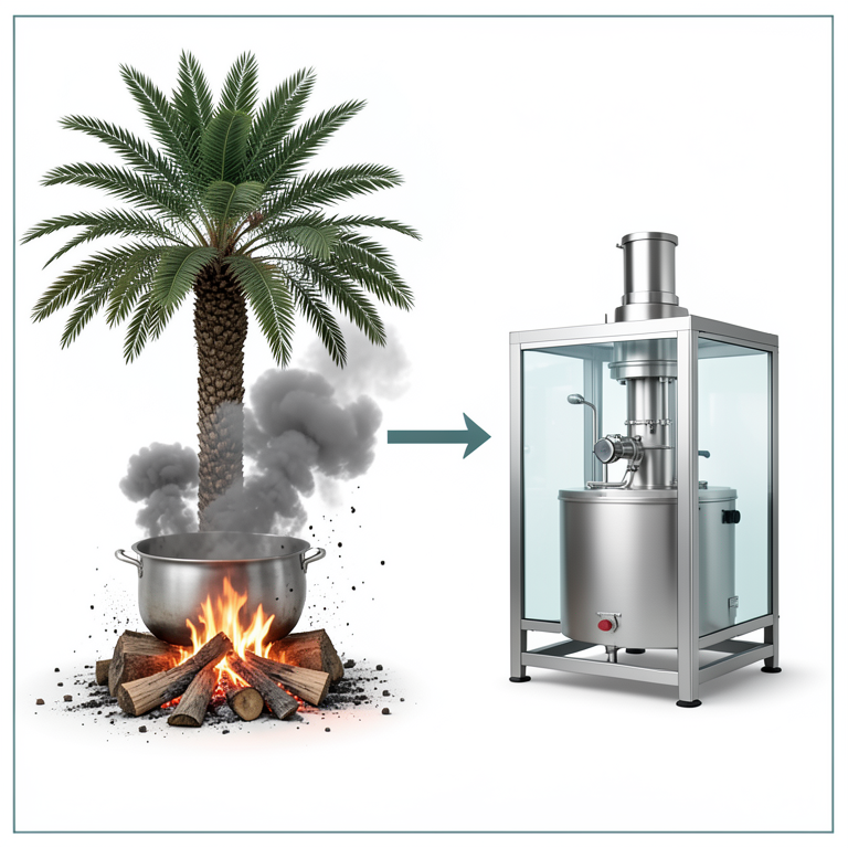 AI-generated conceptual illustration (date palm trees and gur production equipment). It explains the idea and does not show study data.