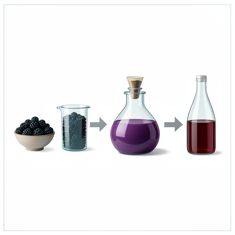 AI-generated conceptual illustration (Black mulberry berries and glass fermentation equipment). It explains the idea and does not show study data.