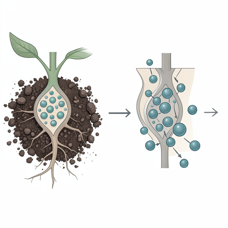 AI-generated conceptual illustration (eggplant root cells in soil). It explains the idea and does not show study data.