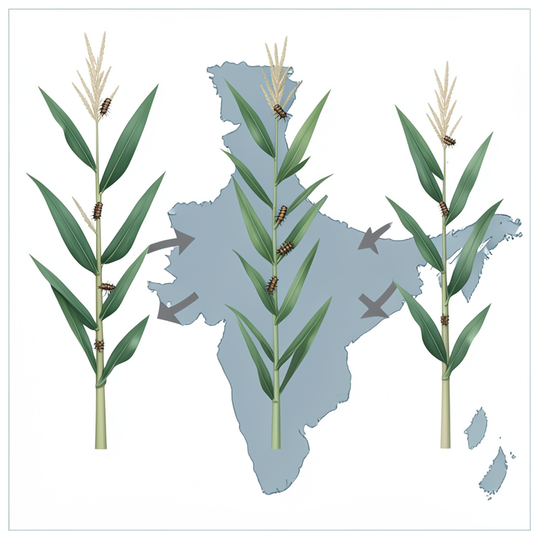 AI-generated conceptual illustration (Fall armyworm (Spodoptera frugiperda) larvae and maize plants). It explains the idea and does not show study data.