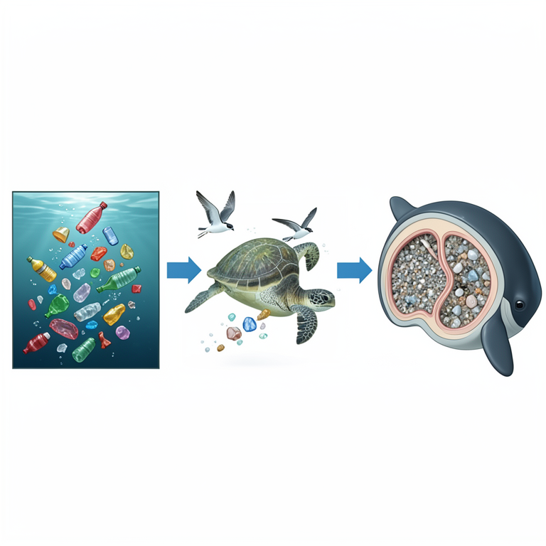AI-generated conceptual illustration (Marine wildlife including sea turtles, seabirds, and whales in an ocean environment). It explains the idea and does not show study data.
