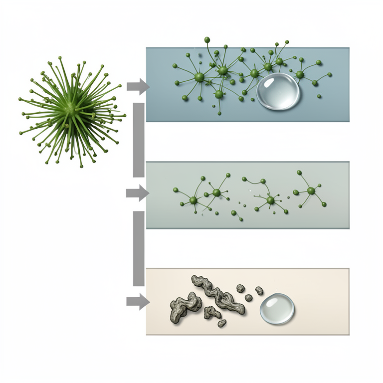 AI-generated conceptual illustration (entomopathogenic fungi spores and insect growth regulator chemical droplets). It explains the idea and does not show study data.