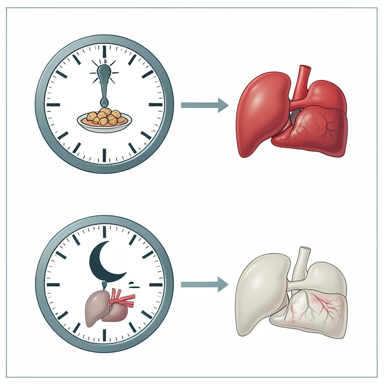 AI-generated conceptual illustration (Human metabolic organs (liver, pancreas, and heart) and a stylized 24-hour clock face). It explains the idea and does not show study data.