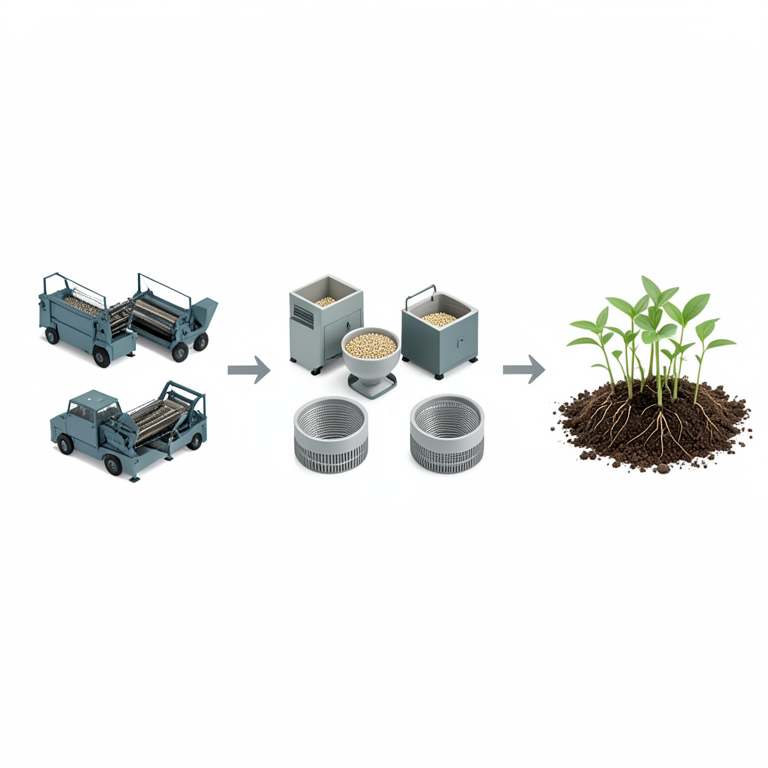 AI-generated conceptual illustration (Soybean seeds and agricultural processing machinery). It explains the idea and does not show study data.