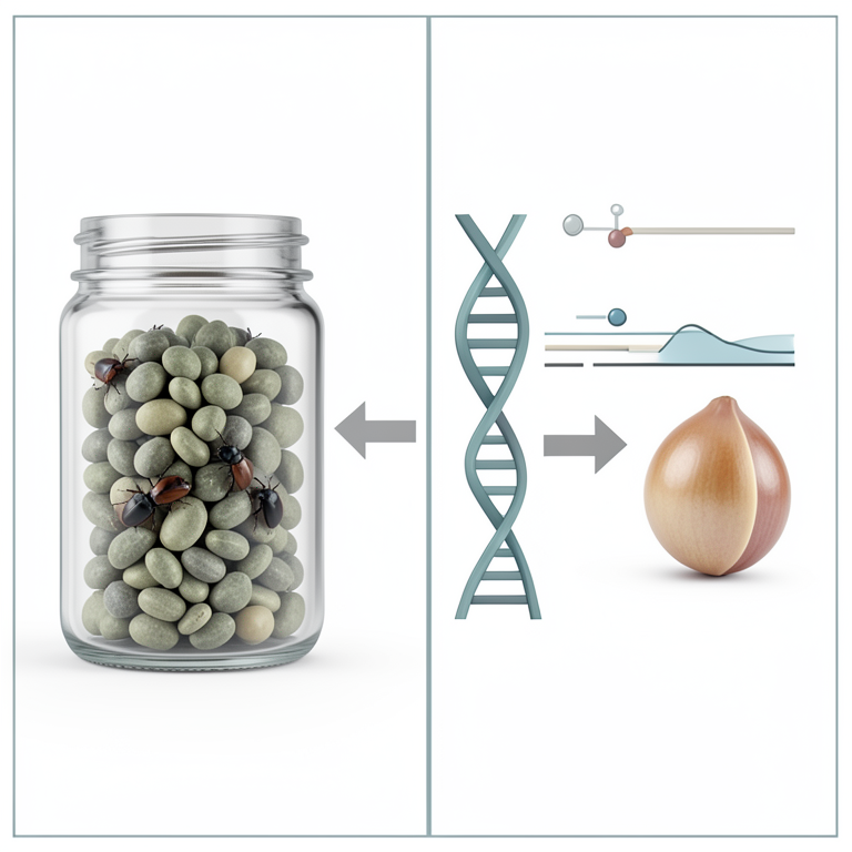 AI-generated conceptual illustration (cowpea seeds and bruchid beetles). It explains the idea and does not show study data.