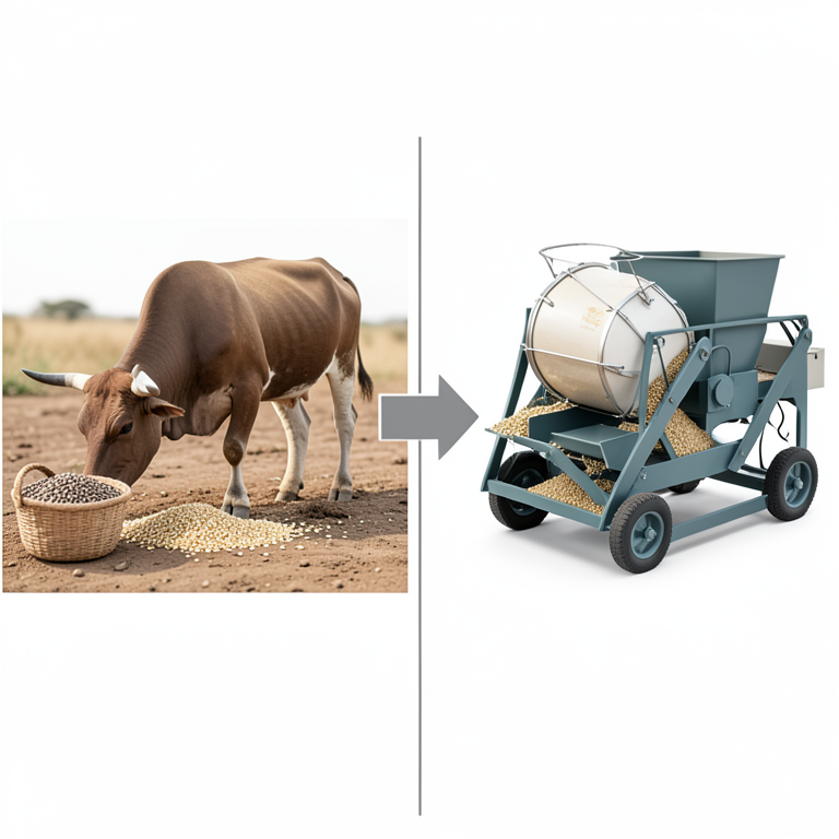 AI-generated conceptual illustration (Jimma replaceable drum multi-crop thresher and livestock in an Ethiopian field). It explains the idea and does not show study data.