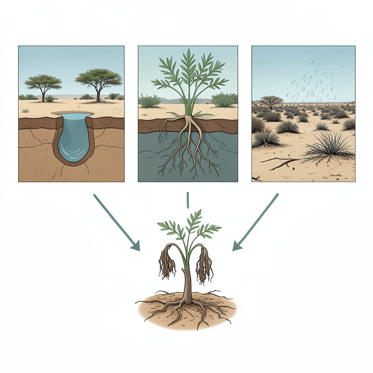 AI-generated conceptual illustration (Kalahari Basin groundwater dependent vegetation). It explains the idea and does not show study data.