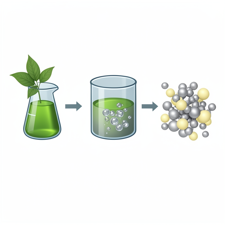 AI-generated conceptual illustration (green leaves, plant extract liquid, and silver and cerium oxide nanoparticles). It explains the idea and does not show study data.