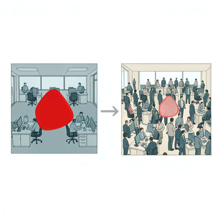 AI-generated conceptual illustration (A conceptual business office environment with varying densities of office workers). It explains the idea and does not show study data.