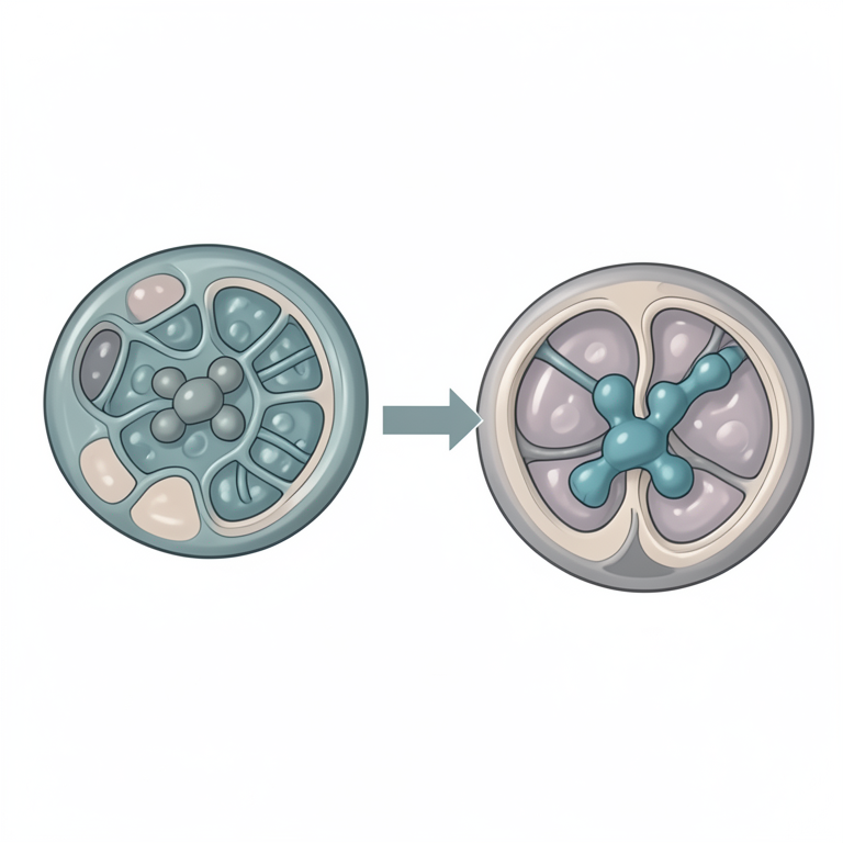 AI-generated conceptual illustration (human cellular nucleus and cytoplasm). It explains the idea and does not show study data.