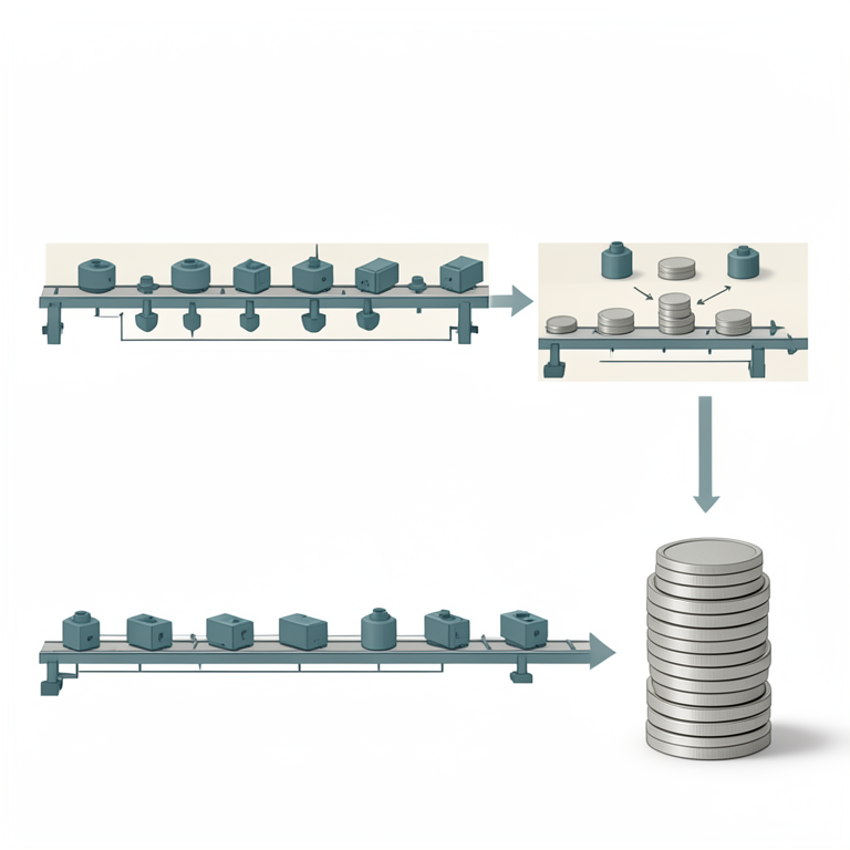 AI-generated conceptual illustration (Industrial manufactured components on a conveyor belt). It explains the idea and does not show study data.