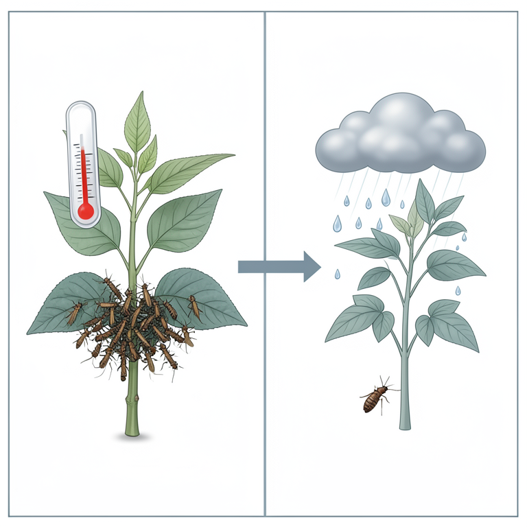 AI-generated conceptual illustration (mungbean plants and jassid insects). It explains the idea and does not show study data.