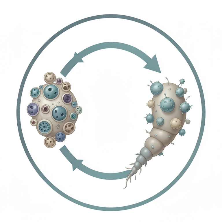 AI-generated conceptual illustration (a mammalian host and a parasitic helminth worm). It explains the idea and does not show study data.