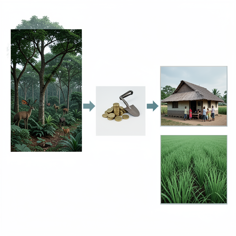AI-generated conceptual illustration (Rural Nigerian landscape with diverse flora and fauna). It explains the idea and does not show study data.