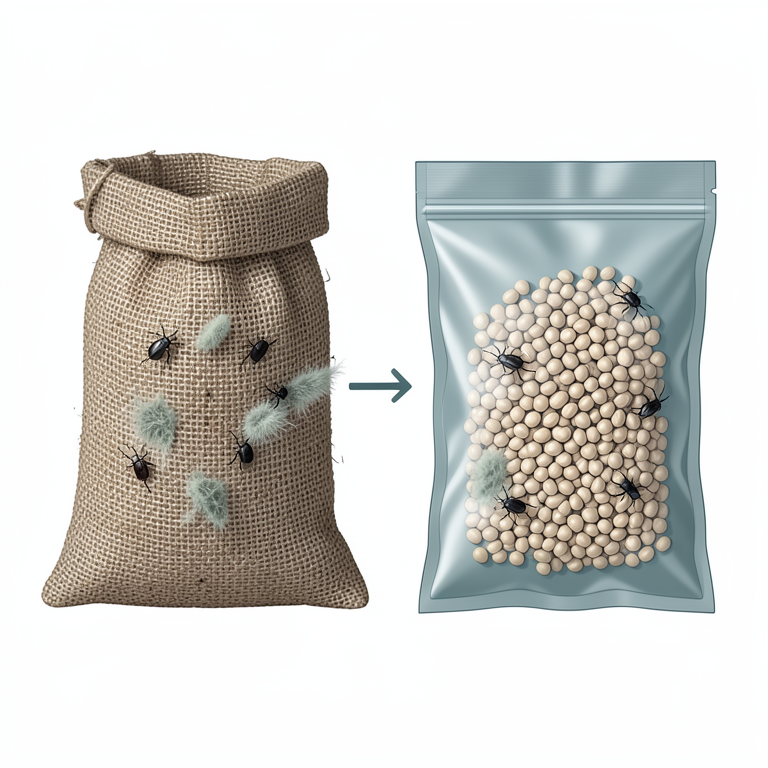 AI-generated conceptual illustration (Pearl millet grains in storage bags). It explains the idea and does not show study data.