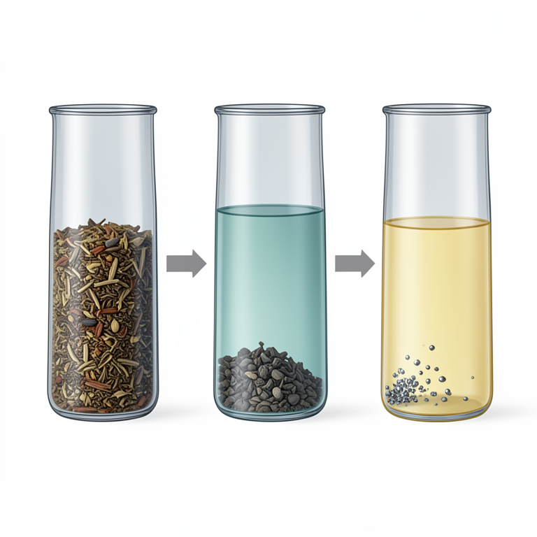 AI-generated conceptual illustration (ground spices in a laboratory digestion sequence). It explains the idea and does not show study data.