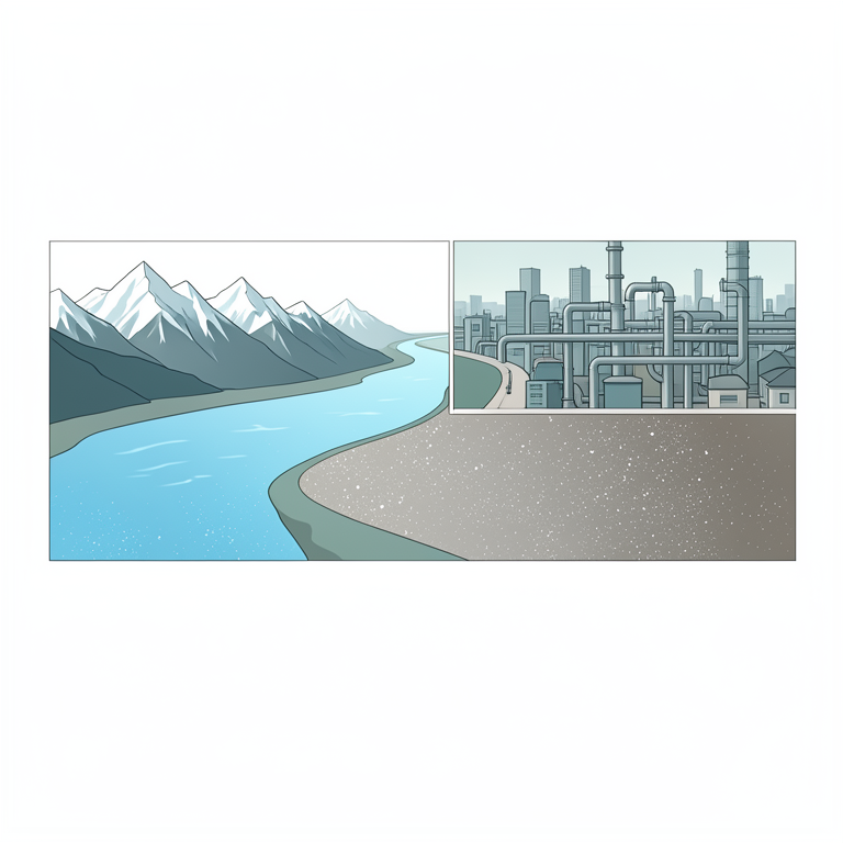 AI-generated conceptual illustration (The Ganga River flowing from Himalayan mountains through urban landscapes). It explains the idea and does not show study data.