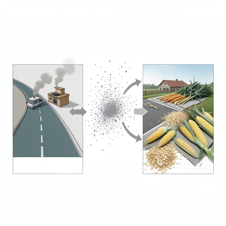 AI-generated conceptual illustration (Maize, sorghum, and cassava flakes drying on roadside mats and kitchen rooftops in Nigeria). It explains the idea and does not show study data.