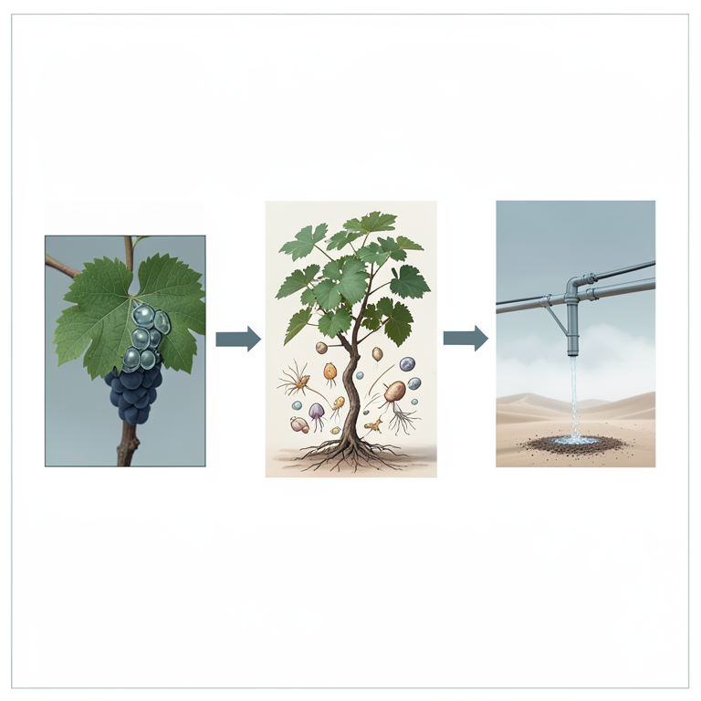 AI-generated conceptual illustration (Grapevine plants in a coastal desert environment). It explains the idea and does not show study data.