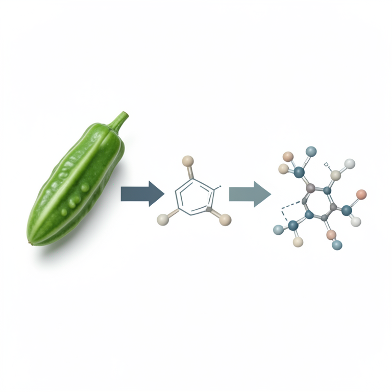 AI-generated conceptual illustration (bitter gourd fruit and molecular structures). It explains the idea and does not show study data.