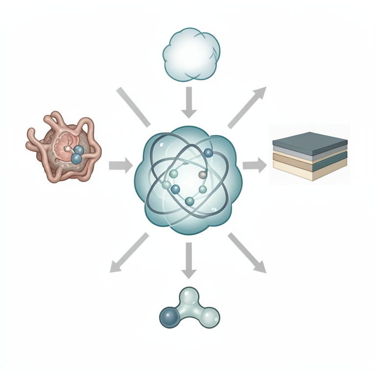 AI-generated conceptual illustration (molecular structures, a protein-ligand complex, a battery cell, and a hydrogen molecule). It explains the idea and does not show study data.