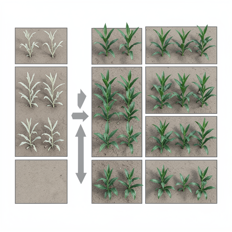 AI-generated conceptual illustration (maize plants (Zea mays L.) in rhodic Ferralsol soil). It explains the idea and does not show study data.