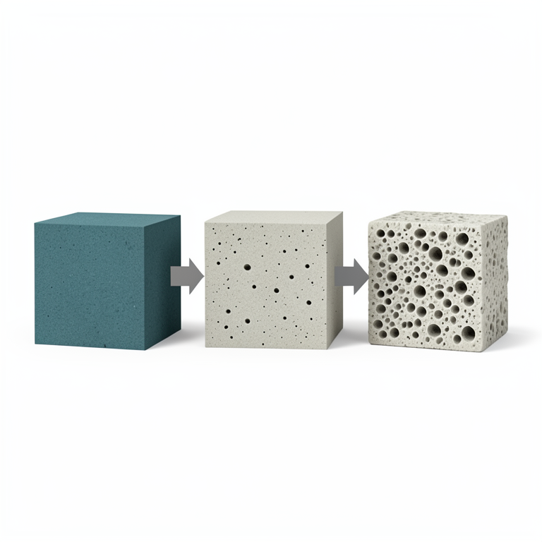 AI-generated conceptual illustration (porous geopolymer material made from fly ash). It explains the idea and does not show study data.