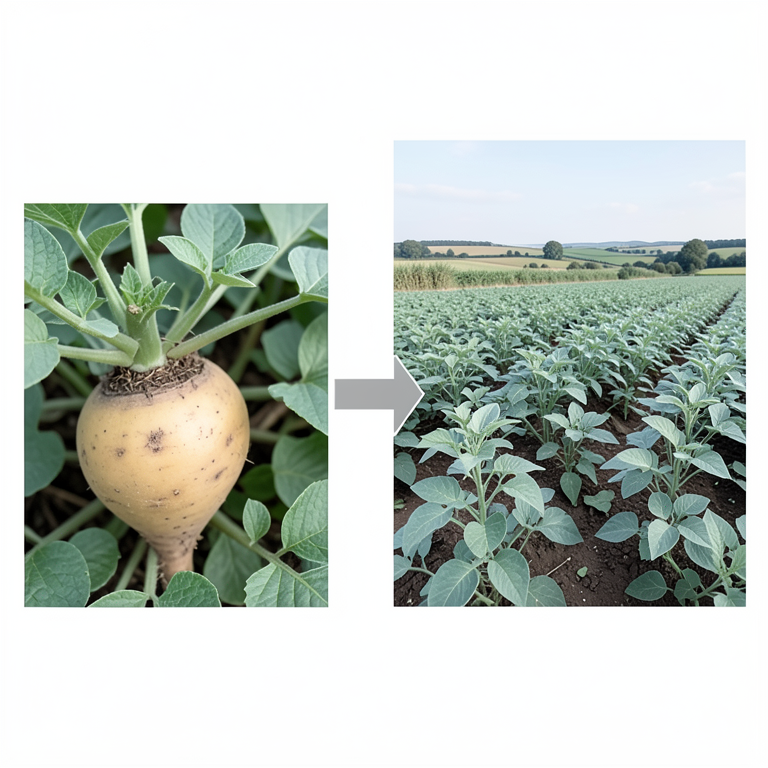 AI-generated conceptual illustration (potato plants in a field). It explains the idea and does not show study data.