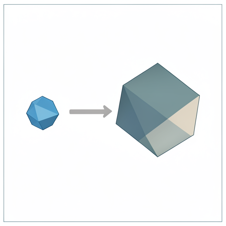 AI-generated conceptual illustration (Two identical geometric polygons of different sizes in a 3D coordinate space). It explains the idea and does not show study data.