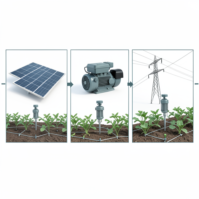 AI-generated conceptual illustration (small-scale vegetable garden with drip irrigation). It explains the idea and does not show study data.