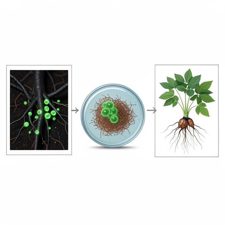 AI-generated conceptual illustration (Black gram plants (Vigna mungo) and Pseudomonas fluorescens bacteria). It explains the idea and does not show study data.