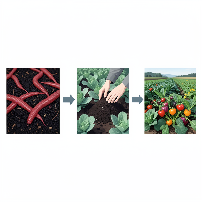 AI-generated conceptual illustration (Earthworms in organic compost bins and vegetable crops). It explains the idea and does not show study data.