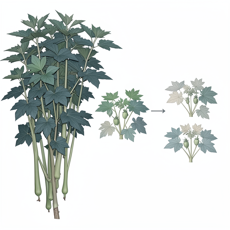 AI-generated conceptual illustration (okra plants (Abelmoschus esculentus)). It explains the idea and does not show study data.